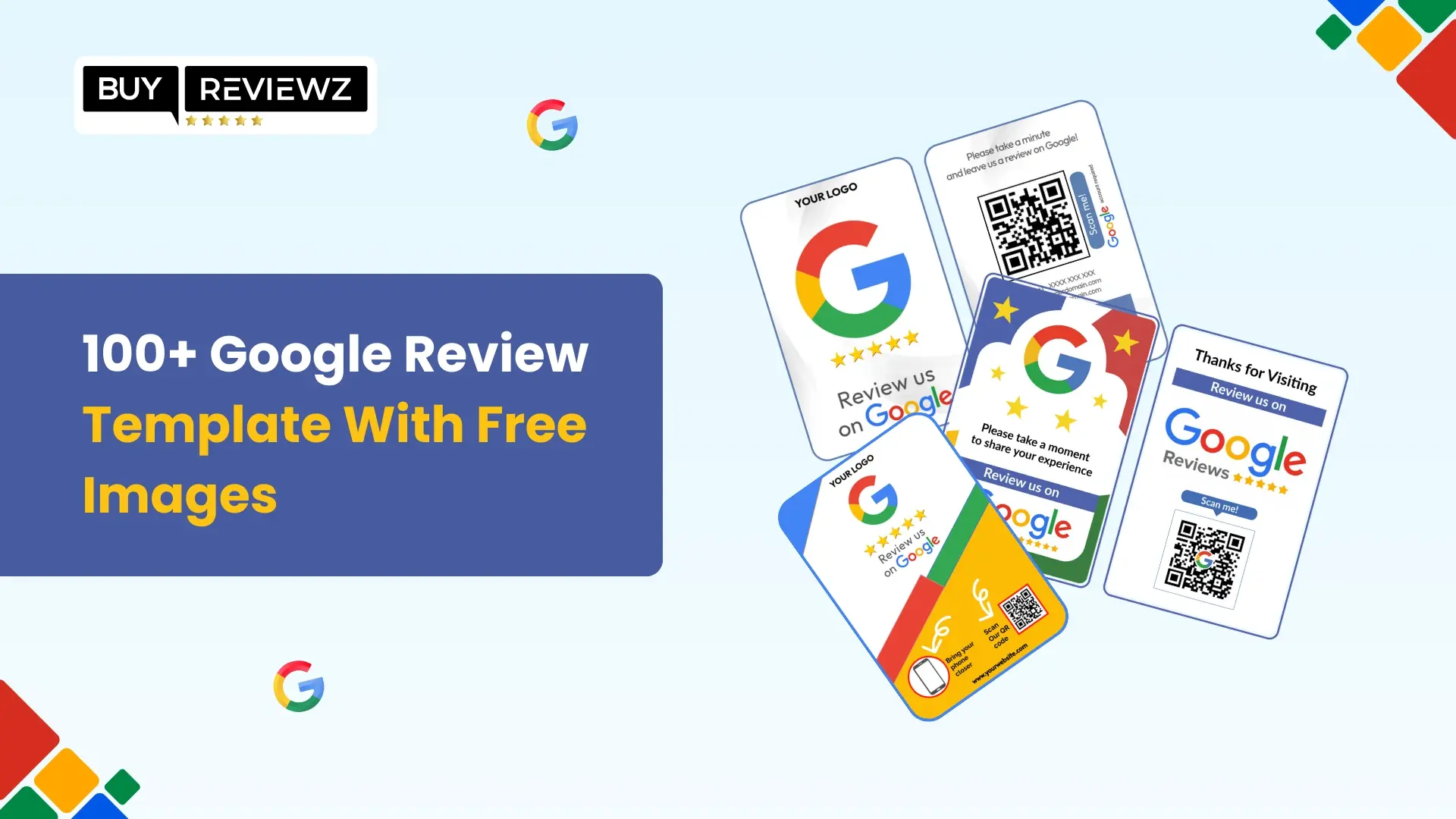 Collection of free Google review templates with star ratings, text examples, and visuals